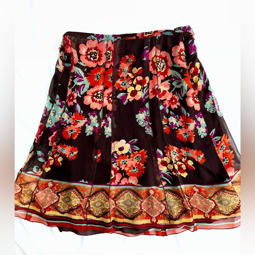 Sunny Leigh brown floral 100% silk Midi Skirt Pleated Casual lined